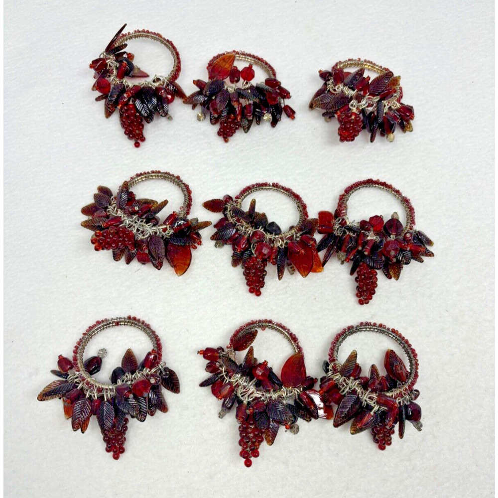Beaded Grape Flowers Napkin Ring Holders Set Of 9 Burgundy Maroon